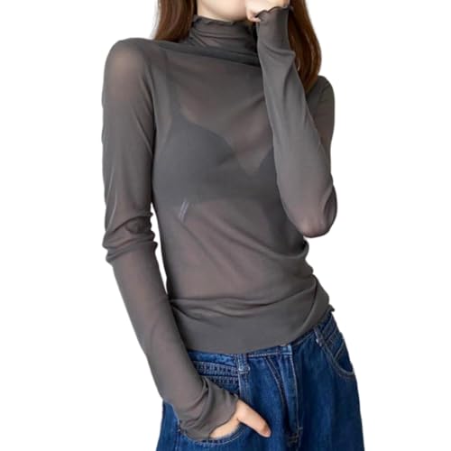 SamHeng Damen Top durchsichtig Netzstoff durchsichtig langärmelig Hemd Damen Rollkragen schmale Passform Basic Bluse T-Shirt Party Clubwear(Grau/L) von SamHeng