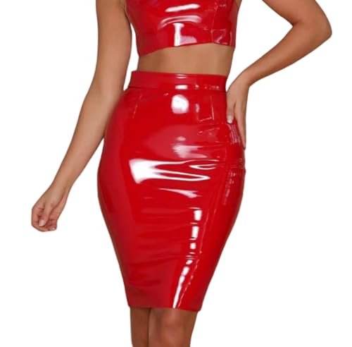 SamHeng Frauen PU Leder Bleistift Rock Damen glänzend metallisch nasse Look Bodycon Midi Rock High Taille Bleistift Party Rock sexy Büro Clubwear Kleid Rot/L von SamHeng