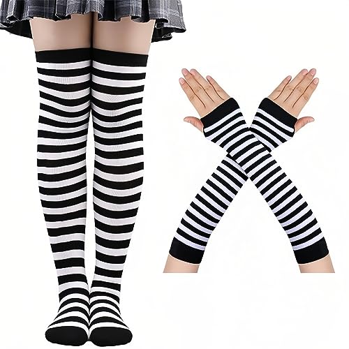 SamHeng Frauen gestreiftes Knie -Oberschenkel hohe Socken Armwärmer Fingerlose Handschuhe für Mädchen über Kniesocken für Halloween Weihnachts Cosplay Kostüm(schwarz+weiß) von SamHeng