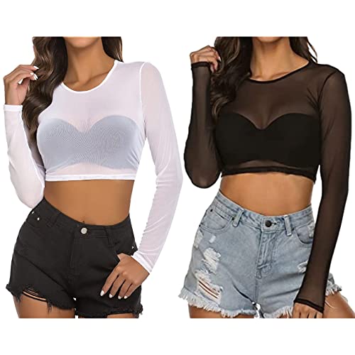 SamHeng Frauennetz Ernte Tops, 2 Pack sexy durch kurze Ärmel Weste, bluse transparent Langarm runden Hals Schlanker Fit Hemd Sheer Bluse T Shirt Casual Basic Crop Tops für Party Clubwear von SamHeng