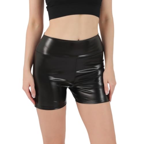 SamHeng Glänzende Metallic-Shorts für Damen, PU Leder Shorts hohe Taille Wet Look Shorts Tanz Rave Hotpants Party Nachtclub Streetwear(Schwarz/M) von SamHeng