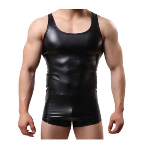 SamHeng Glänzendes metallisches Tanktop für Herren, ärmelloses Unterhemd aus PVC Leder für Herren, schmal geschnittenes Tanzoberteil, Camisole Oberteil für Nachtclub, Musik, Festival, Disco, Kostüm von SamHeng