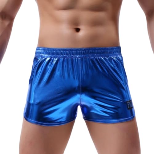 SamHeng Herren Metallic Boxer Shorts Sexy Shiny Shorts mit Taschen Trunks Badeanzüge Heiße Beute Shorts für Club Party Metallic Party Shorts Blau/L von SamHeng