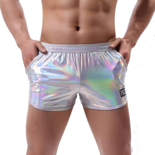 SamHeng Herren Metallic Boxer Shorts Sexy Shiny Shorts mit Taschen Trunks Badeanzüge Heiße Beute Shorts für Club Party Metallic Party Shorts Silber/L von SamHeng