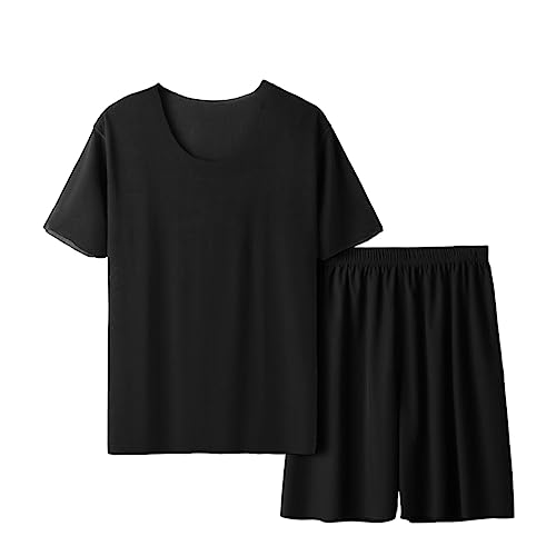 SamHeng Kurz Schlafanzüge für Herren Herren Pyjama Set mit Shorts Kurzarm Hemd Top Shirt Kurze Hose Lässig Shorts Pyjama Sommer Nachtwäsche Loungewear(Schwarz-XL) von SamHeng