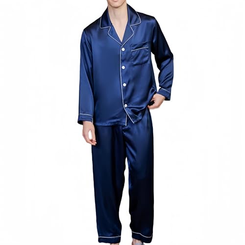 SamHeng Lang Schlafanzüge für Herren Satin Pyjama Lang Schlafanzug mit Knopfleiste Seidensatin Zweiteiliger Nachtwäsche Hausanzug Langarm Schlafanzughose(Blau/2XL) von SamHeng