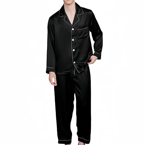 SamHeng Lang Schlafanzüge für Herren Satin Pyjama Lang Schlafanzug mit Knopfleiste Seidensatin Zweiteiliger Nachtwäsche Hausanzug Langarm Schlafanzughose(Schwarz/2XL) von SamHeng