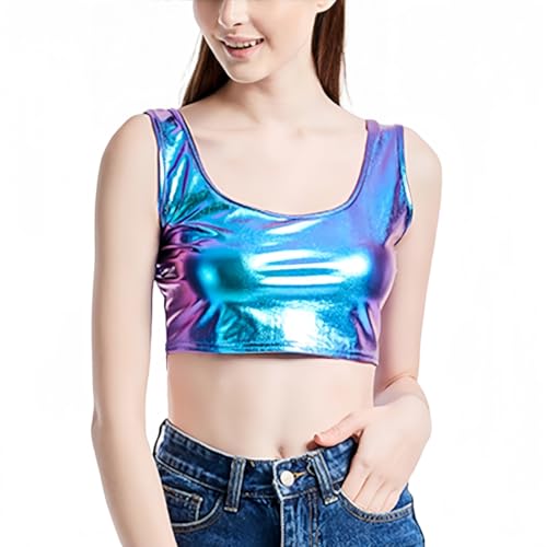 SamHeng Metallic Shiny Crop Tank Top Weste U-Ausschnitt ärmelloses Camisole Slim Fit Tank Tops Party Clubwear für Kostüm Disco Dance (Blau/L) von SamHeng