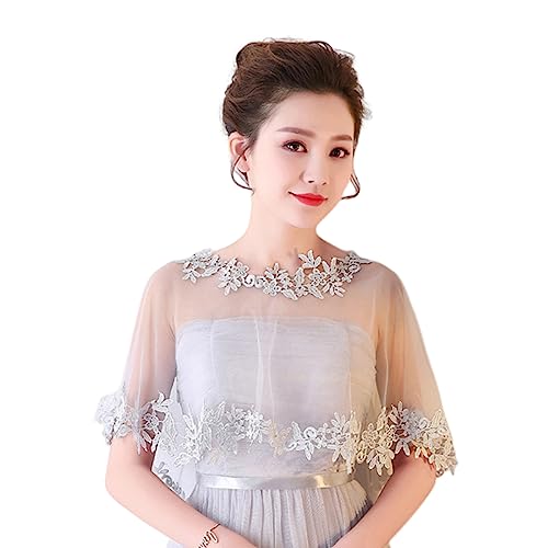 SamHeng Spitzen Umhang Hochzeit Cape für Braut, Damen Bestickte Blume Bolero Schalwickel Schulterbedeckung Tüll Capelets Schal Stola für Abendparty Performance Kostüm Foto Requisiten (Grau) von SamHeng