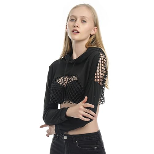 SamHeng Spleißen Fischnetz Hoodie für Damen, Lässig Langarm T-Shirts Crop Tops Mesh Blusen Pullover Ausgehöhlter Kapuzenpullover Achselzucken für Party Clubwear Beach Zudecken Halloween (L) von SamHeng