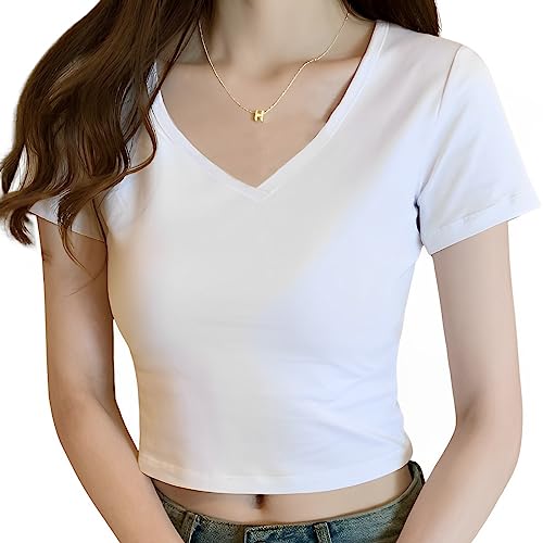 SamHeng T-Shirts für Damen Basic Sommer V-Ausschnitte T-Shirt Kurzarm Top Short Sleeve Oberteil Casual Crop Top(Weiß-L) von SamHeng