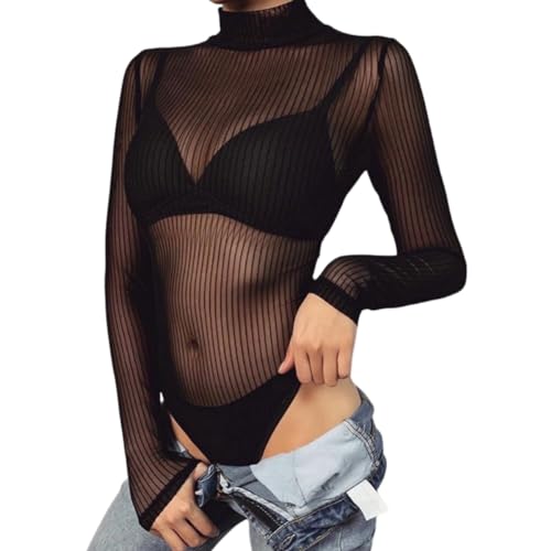 SamHeng Transparenter Body für Damen Schwarzer Langarm-Body Dehnbar Durchschauen Stehkragen Slim-Fit Sexy Overall Trikot Netzoberteil Clubwear-L von SamHeng