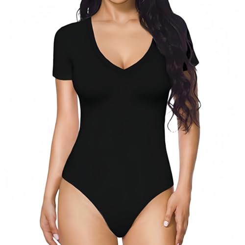 SamHeng V Ausschnitt Body für Damen kurzärmeliges Tank Top Damen Sexy Trikot Bodysuits mit Druckknopfverschluss Ausgehen lässige Slim Fit T-Shirts(Schwarz/L) von SamHeng