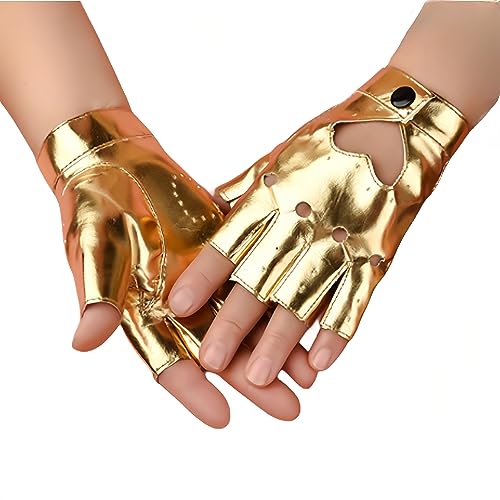 SamHeng fingerlose PU Lederhandschuhe für Frauen halbe Fingerhandschuhe kurze Leder Punk Handschuhe für Halloween Cosplay Kostüm Tanzparty Kostüme Accessoires, Gold von SamHeng