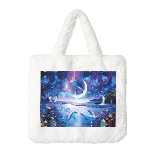 Bunte Plüsch-Handtasche für Damen, Motiv: Sternenhimmel, Delfin, große Münztasche, Geldbörse und Klettverschluss-Accessoire, perfektes Geschenk für Frauen, weiß, Einheitsgröße Bunte Plüsch-Handtasche für Damen, Motiv: Sternenhimmel, Delfin, große Münztasche, Geldbörse und Klettverschluss-Accessoire, perfektes Geschenk für Frauen, weiß, Einheitsgröße von SamLng