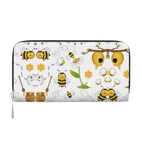 Flying Bees Daisy Honey Print Leder Handbrieftasche - Lange Clutch für Damen, Leichte Brieftasche mit mehreren Kartenfächern und Münzfach, Schwarz, Einheitsgröße von SamLng
