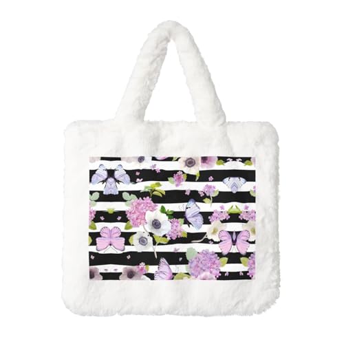 Gestreifte Blumen- und Schmetterlings-Plüsch-Handtasche für Damen – große Münztasche, Geldbörse und Klettverschluss-Accessoire – perfektes Geschenk für Frauen, weiß, Einheitsgröße Gestreifte Blumen- und Schmetterlings-Plüsch-Handtasche für Damen – große Münztasche, Geldbörse und Klettverschluss-Accessoire – perfektes Geschenk für Frauen, weiß, Einheitsgröße von SamLng