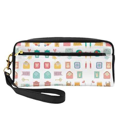 Kleine Make-up-Tasche aus Leder mit Post-Schreibwaren-Druck, wiederverwendbar, Kosmetik-Zubehör, Reise-Kulturbeutel, Schwarz , Einheitsgröße von SamLng