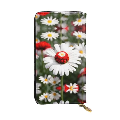 Lange Clutch-Geldbörse aus Leder mit Blumenmuster und weißem Gänseblümchen-Druck, modische personalisierte Geldbörse, mehrere Kartenfächer, bereit als Geschenk, Schwarz, Einheitsgröße, Schwarz, One von SamLng