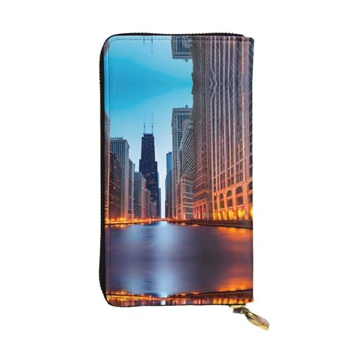 SamLng Chicago Illinois USA Print Leder Lange Clutch Geldbörse für Frauen - Mode und Leicht Wasserdicht Leder Geldbörse Schwarz Einheitsgröße, Schwarz , Einheitsgröße von SamLng