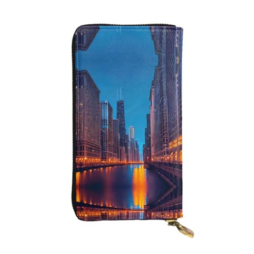 SamLng Chicago Night Print Leder Lange Clutch Geldbörse für Frauen - Mode und Leichte Wasserdichte Ledergeldbörse Schwarz Einheitsgröße, Schwarz , Einheitsgröße von SamLng