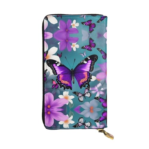 SamLng Lila Schmetterling und Blumen Druck Leder Lange Clutch Geldbörse für Frauen - Mode und Leicht Wasserdicht Leder Geldbörse Schwarz Einheitsgröße, Schwarz , Einheitsgröße von SamLng