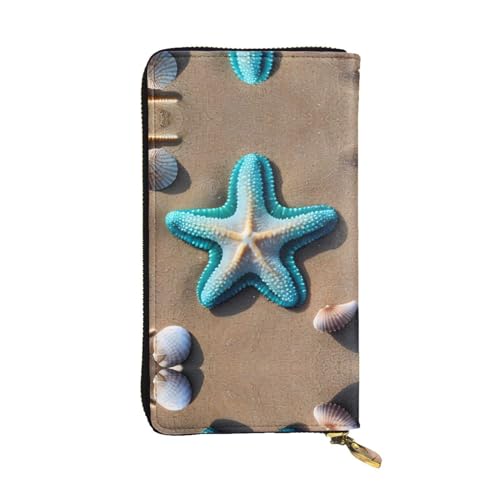 SamLng Muscheln Seestern am Strand Druck Leder Lange Clutch Geldbörse für Frauen - Mode und Leichte Wasserdichte Ledergeldbörse Schwarz, Einheitsgröße, Schwarz , Einheitsgröße von SamLng