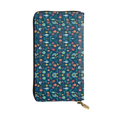SamLng Vintage Ocean Fish Turtle Qualle Print Leder Lange Clutch Wallet - Modische, personalisierte und langlebige Münztasche, Schwarz , Einheitsgröße von SamLng