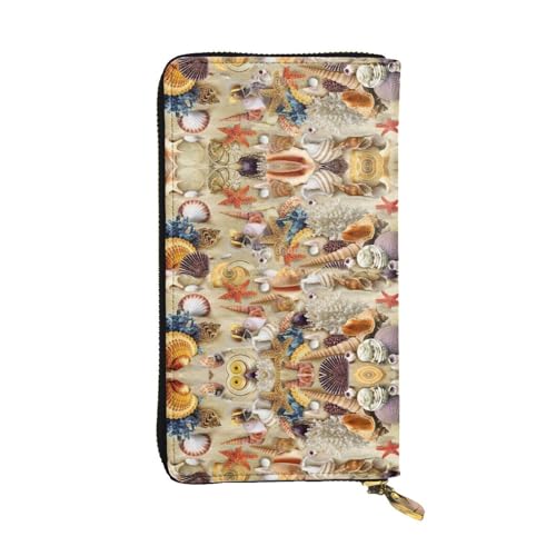 SamLng Vintage Seestern Muschel Sandstrand Thema Druck Leder Lange Clutch Geldbörse – Modische, personalisierte und langlebige Münztasche, Schwarz , Einheitsgröße von SamLng