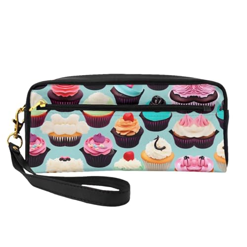 SamLng Wiederverwendbare Kosmetiktasche – Bunte Cupcakes Druck Leder kleine Make-up-Tasche für Reisen, Kulturbeutel Organizer mit Reißverschluss, Schwarz, Einheitsgröße von SamLng