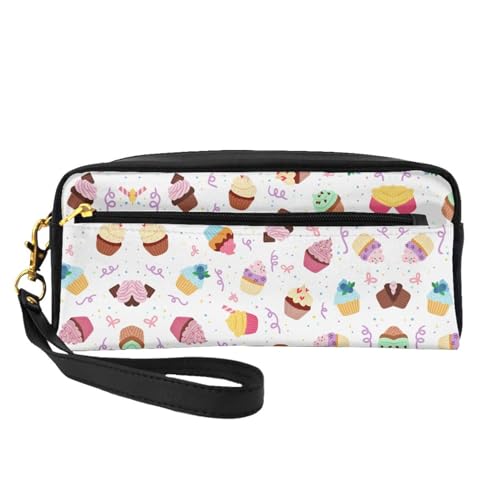 SamLng Wiederverwendbare Kosmetiktasche – Leckere Cupcakes Druck Leder kleine Make-up-Tasche für Reisen, Kulturbeutel Organizer mit Reißverschluss, Schwarz, Einheitsgröße von SamLng