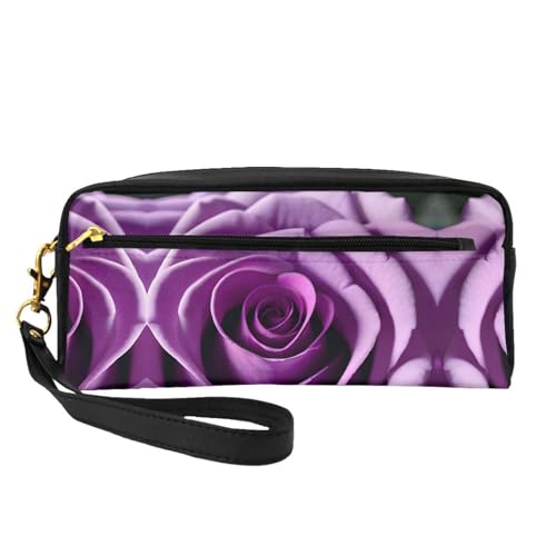 SamLng Wiederverwendbare Kosmetiktasche – Lila Rose Print Leder Kleine Make-up-Tasche für Reisen, Kulturbeutel Organizer mit Reißverschluss, Schwarz, Einheitsgröße von SamLng