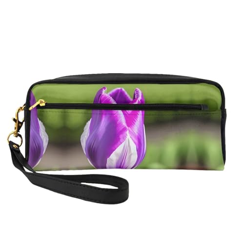 SamLng Wiederverwendbare Kosmetiktasche – Lila Tulpenmuster Leder Kleine Make-up-Tasche für Reisen, Kulturbeutel Organizer mit Reißverschluss, Schwarz, Einheitsgröße von SamLng