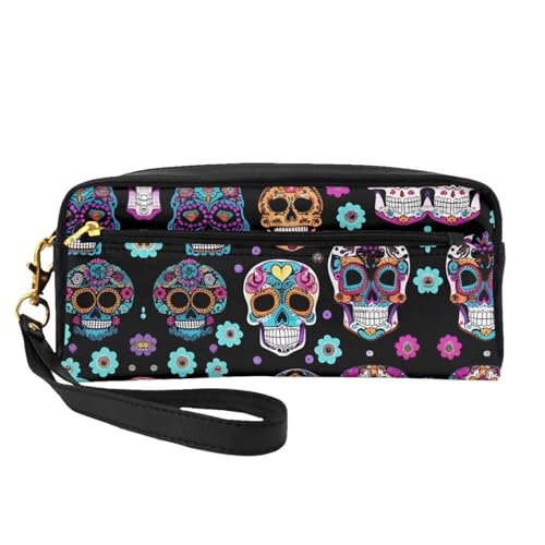 SamLng Wiederverwendbare Kosmetiktasche – Sugar Skull Print Leder Kleine Make-up-Tasche für Reisen, Kulturbeutel Organizer mit Reißverschluss, Schwarz, Einheitsgröße von SamLng