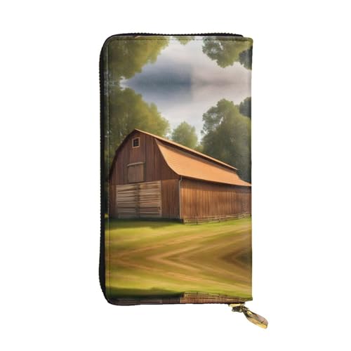 SamLng Wooden Barn Countryside Print Leather Long Clutch Wallet for Women - Fashion and Lightweight Waterproof Leather Wallet, Black, One Size, Schwarz , Einheitsgröße von SamLng
