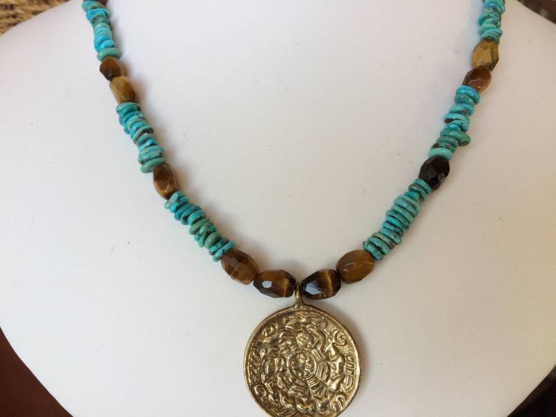 Halskette Messing Anhänger, Türkis Und Tigerauge Halskette Messing Anhänger, Türkis Und Tigerauge von SamanthaCharlotteSuz