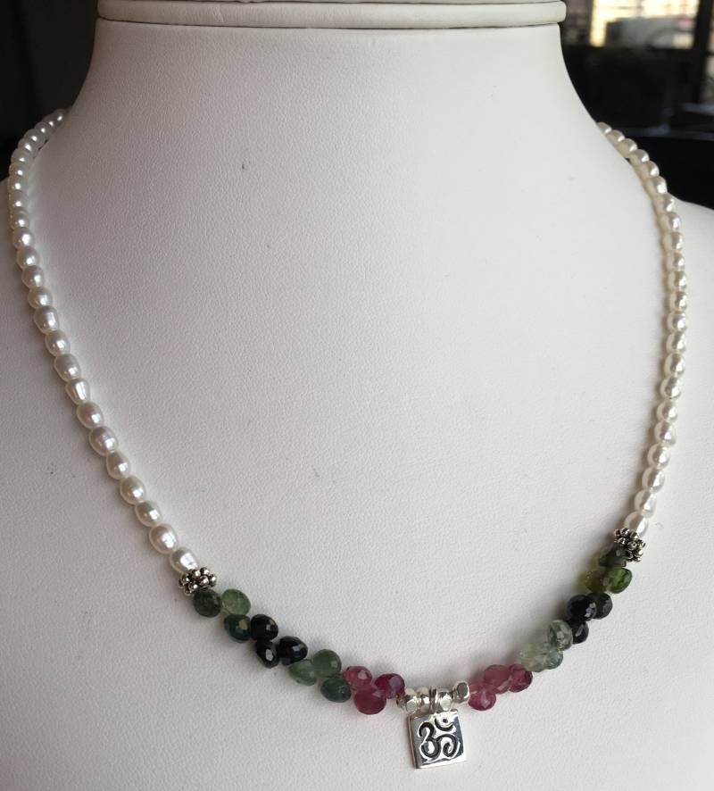 Halskette-Wassermelone Turmalin Briolettes, Süßwasser-Perlen, Silber-Nuggets Halskette-Wassermelone Turmalin Briolettes, Süßwasser-Perlen, Silber-Nuggets von SamanthaCharlotteSuz