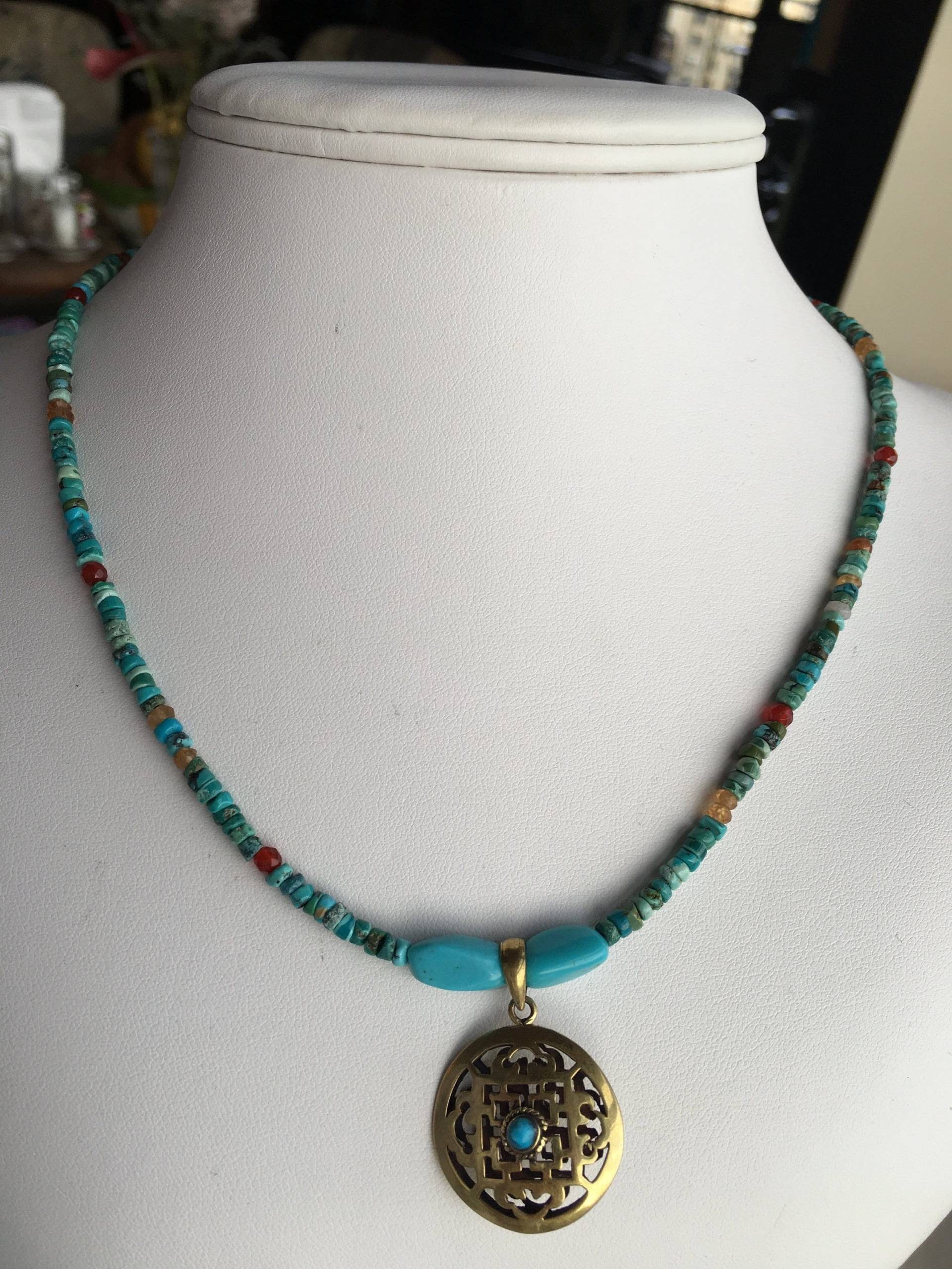 Halskette-Zweiseitig Messinganhänger Mit Türkis, Achat, Koralle Und Citrin Halskette-Zweiseitig Messinganhänger Mit Türkis, Achat, Koralle Und Citrin von SamanthaCharlotteSuz