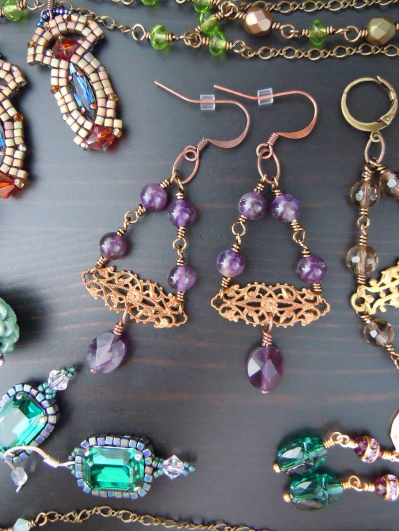 Amethyst Hängen Ohrringe Und Messing Drucke | Filigran - Boho Chic Hergestellt in Frankreich von SamarkandFR