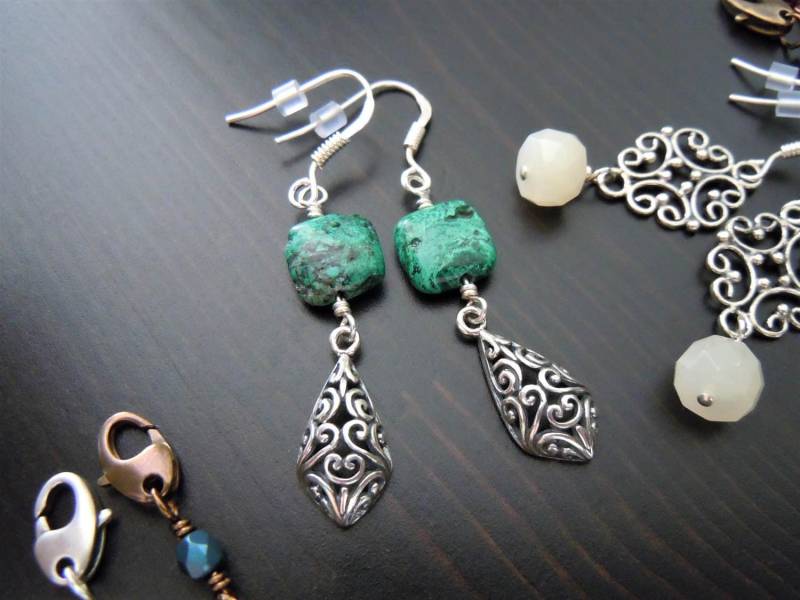 Baumelnde Ohrringe Silber Sterling 925 Und Chrysocolle Grün - Bali Handwerk Handwerker Tropfen Boho Chic, Hergestellt in Frankreich von SamarkandFR
