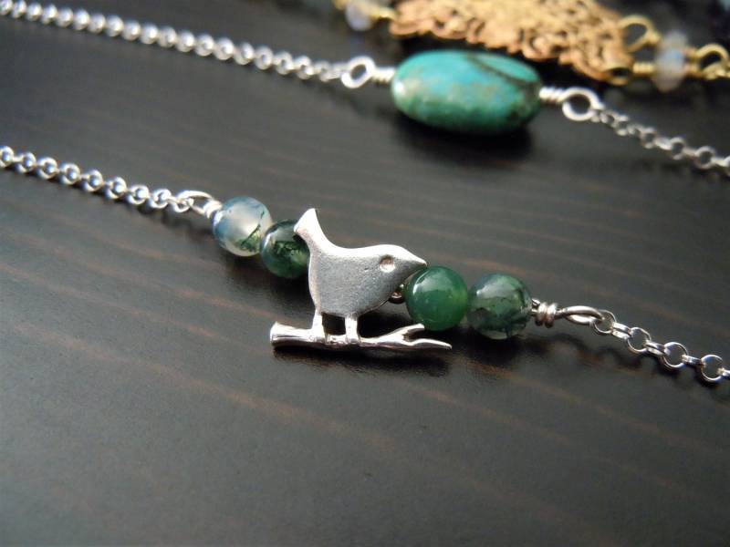 Dünnes Armband Totem in Silber Sterling 925 Und Achat Grün Moos - Bali Vogel Motiv Boho Chic Hergestellt Frankreich von SamarkandFR