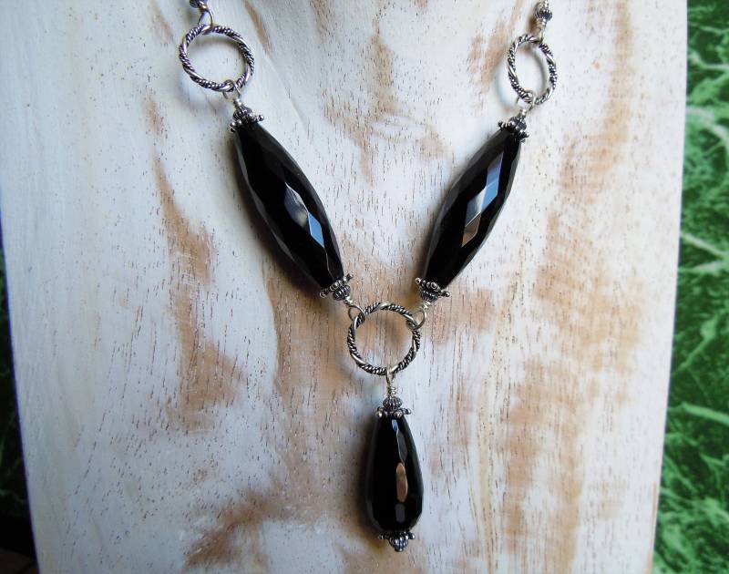 Halskette Y Silber Sterling 925 Und Onyx, Achat Schwarz - Boho Chic Gothic Hergestellt in Frankreich von SamarkandFR
