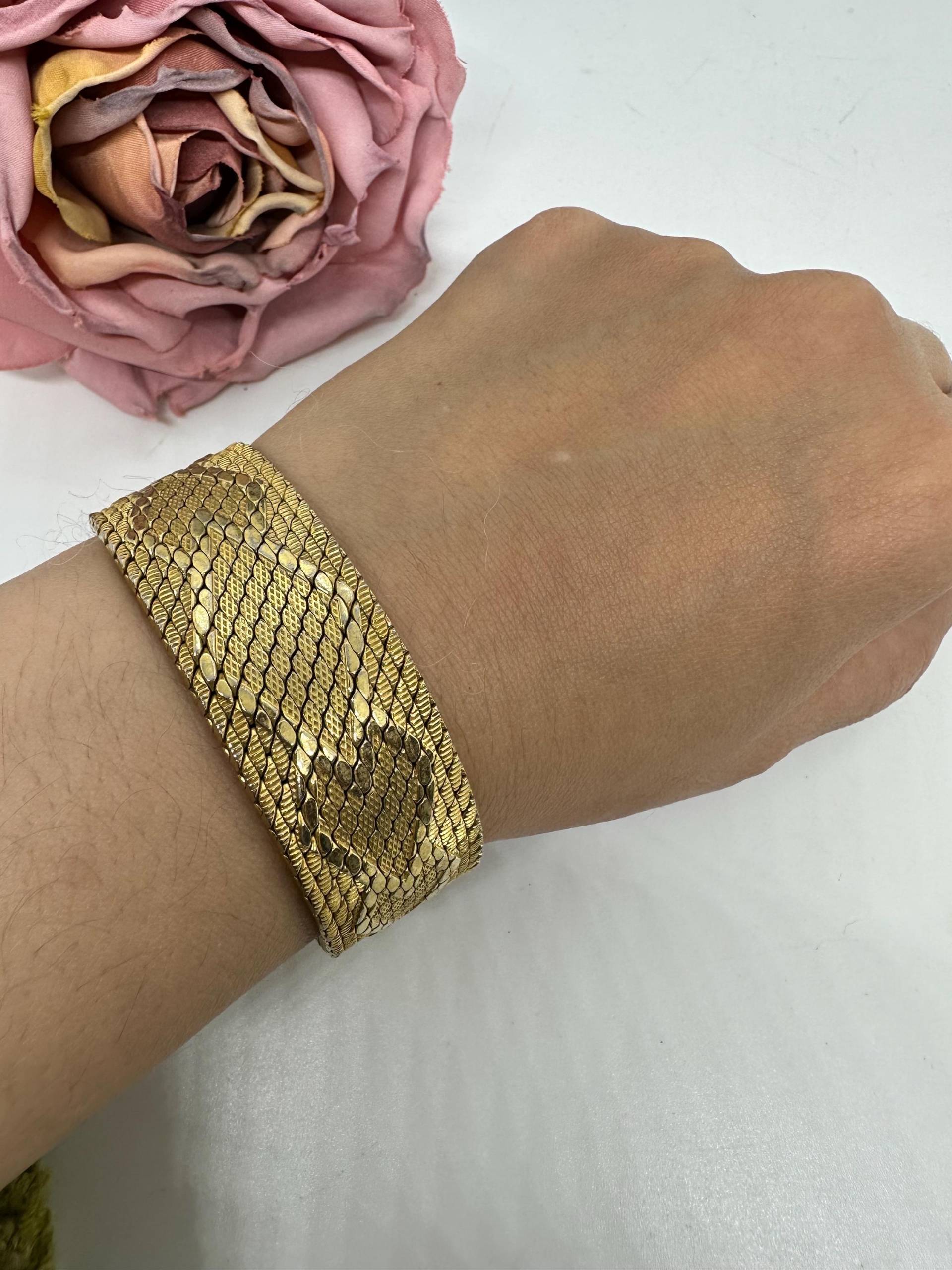 Armband Vergoldet Edelstahl Vintage 1970Er Retro Edel Gold Gliederarmband Teppicharmband Doublé Breit Geflochten 19mm 2, 1cm von SamatimeVintage
