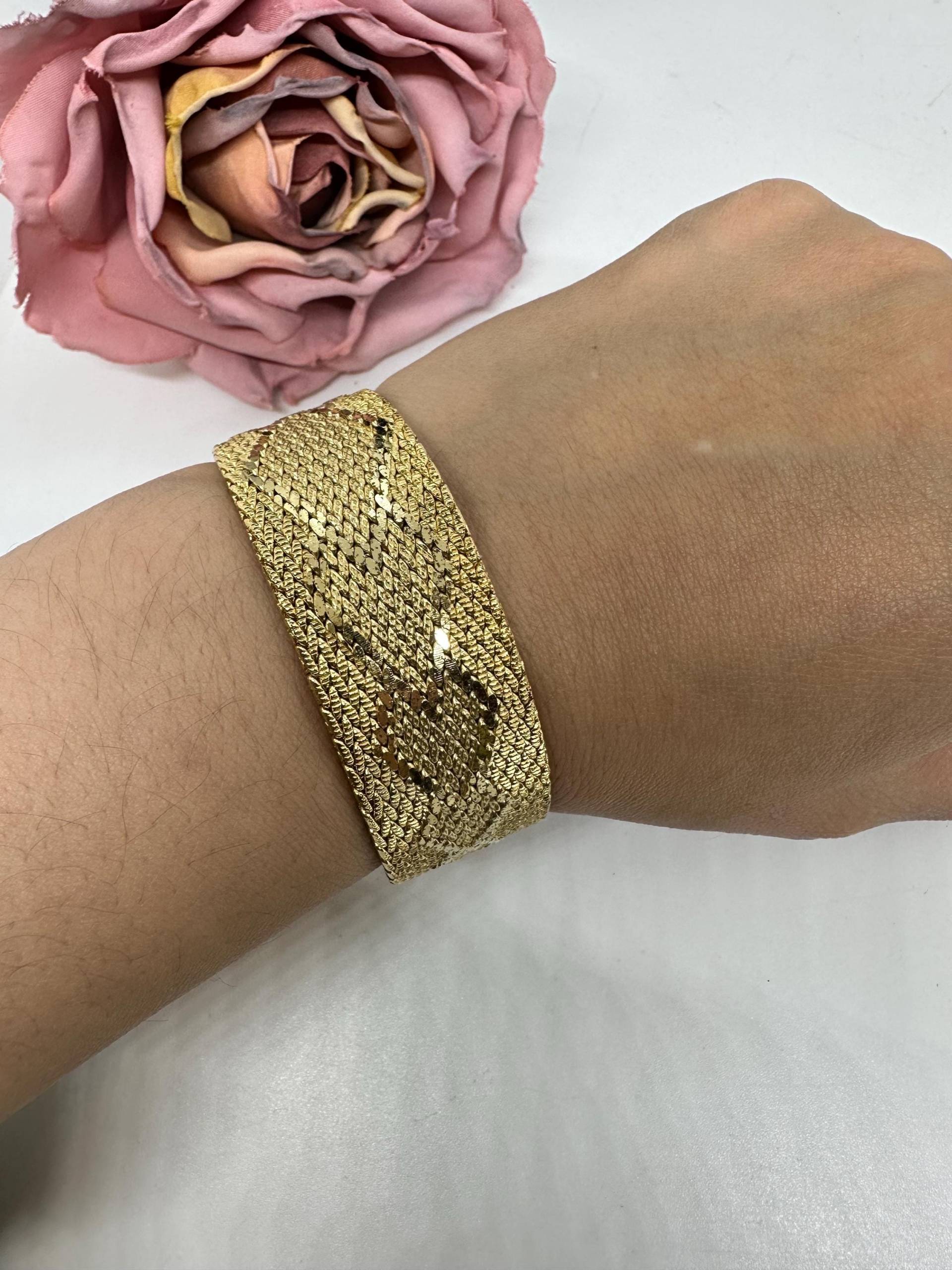 Armband Vergoldet Edelstahl Vintage 1970Er Retro Edel Gold Gliederarmband Teppicharmband Doublé Breit Geflochten 19mm 2, 1cm von SamatimeVintage