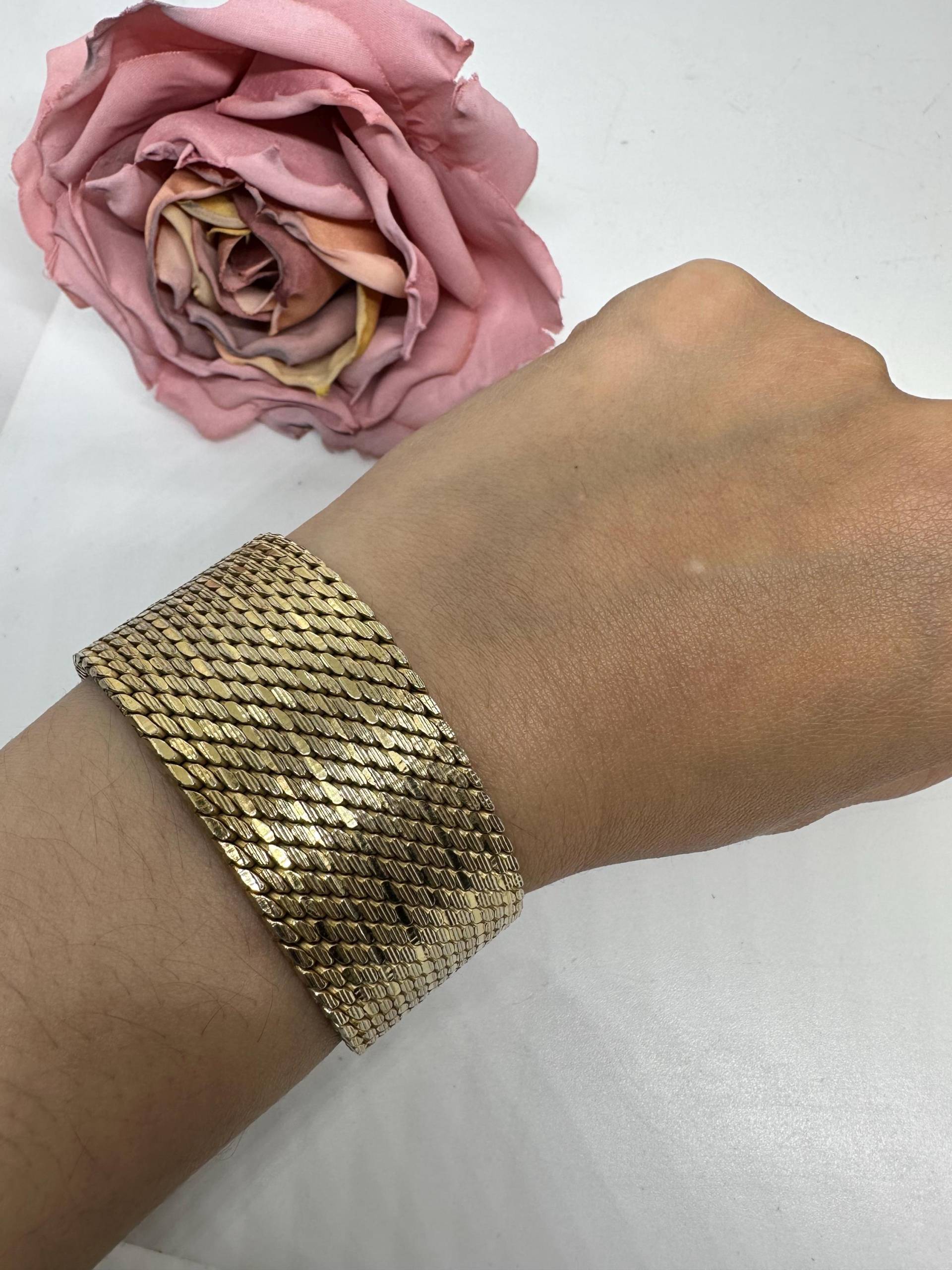 Armband Vergoldet Edelstahl Vintage 1970Er Retro Edel Gold Gliederarmband Teppicharmband Doublé Breit Wie Neu 20, 5mm 2, 8cm von SamatimeVintage