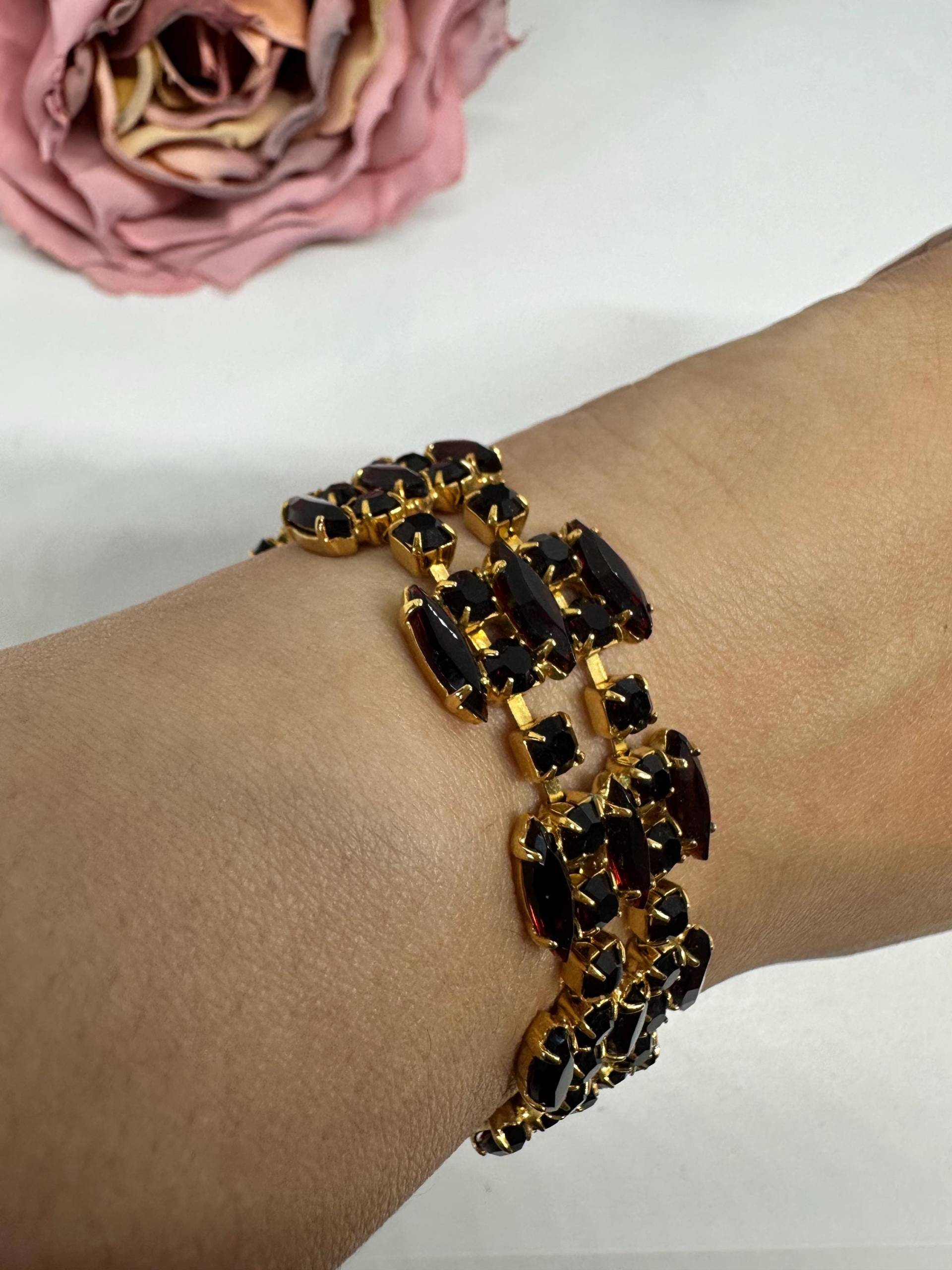 Armband Vergoldet Edelstahl Weinrot Wie Granat Vintage 1990Er Retro Edel Gold Zirkonia Neu Gliederarmband Germany von SamatimeVintage