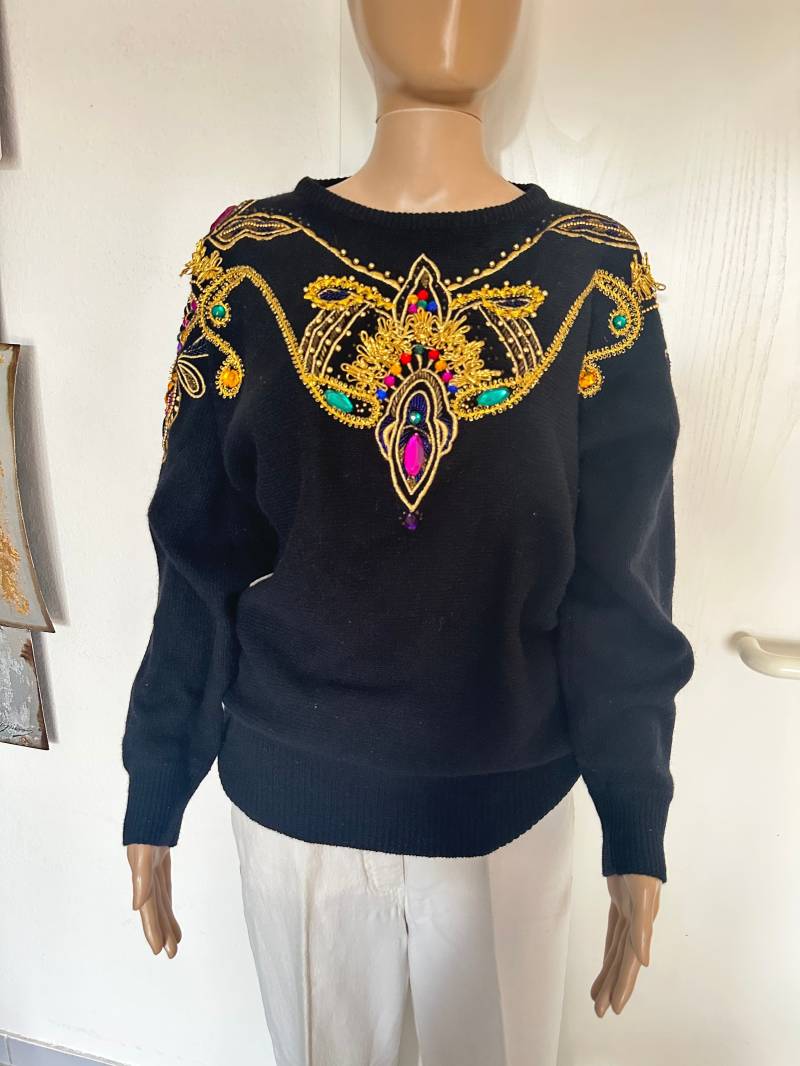 Bluhmod Luxus Vintage Pullover Strick Wolle Schwarz Oversize Pailletten Perlen 40/L Damen 1980Er 80S Handmade von SamatimeVintage