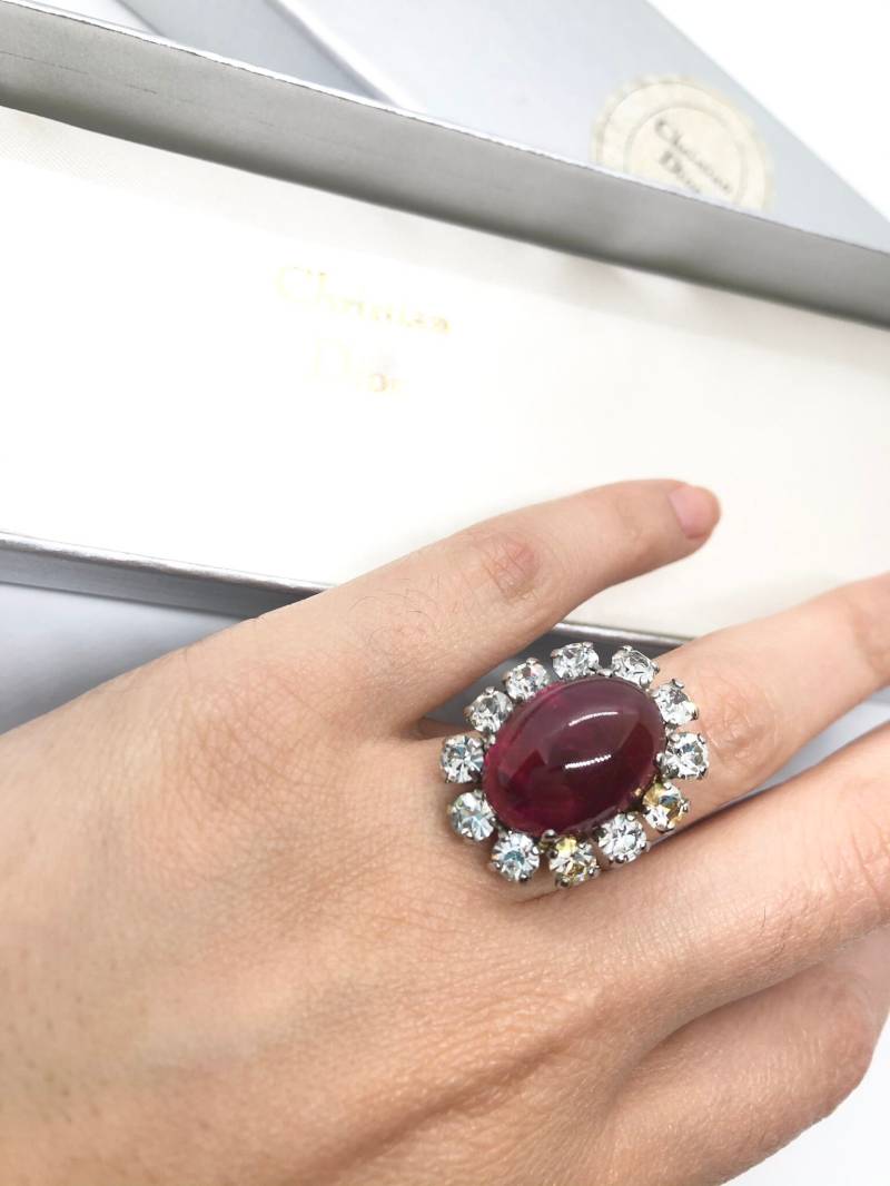 Christian Dior Cd Statementring Strass Germany Rot Weiß Designer 1970 Paris Original Vintage Verstellbar Gift von SamatimeVintage