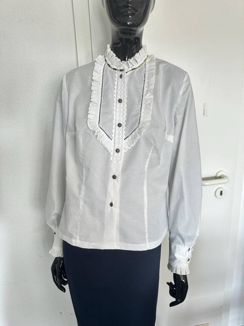 Dirndl Bluse Trachtenbluse Weiß 100 % Baumwolle, Woco Baden Langarm Knöpfe Grün Samt Saum. Vintage 44/xxl, Neu Deutschland von SamatimeVintage