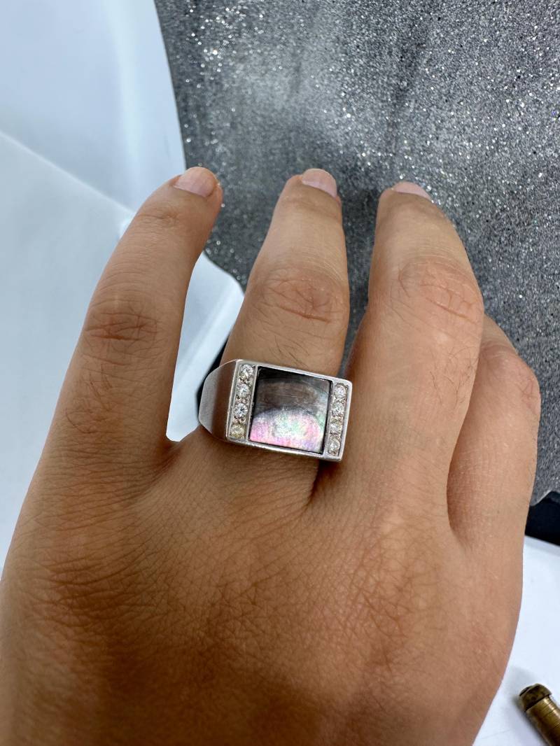Echtsilber Ring 925 Vintage Silber Abalone Perlmutt 17mm Herren Damen 1970Er Germany Abalone Zirkonia von SamatimeVintage